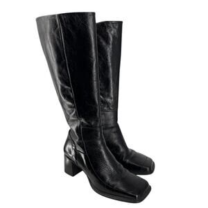 ASOS 90s Minimalist Tall Leather Boots Square Toe Block Heel size 7 Womens Black